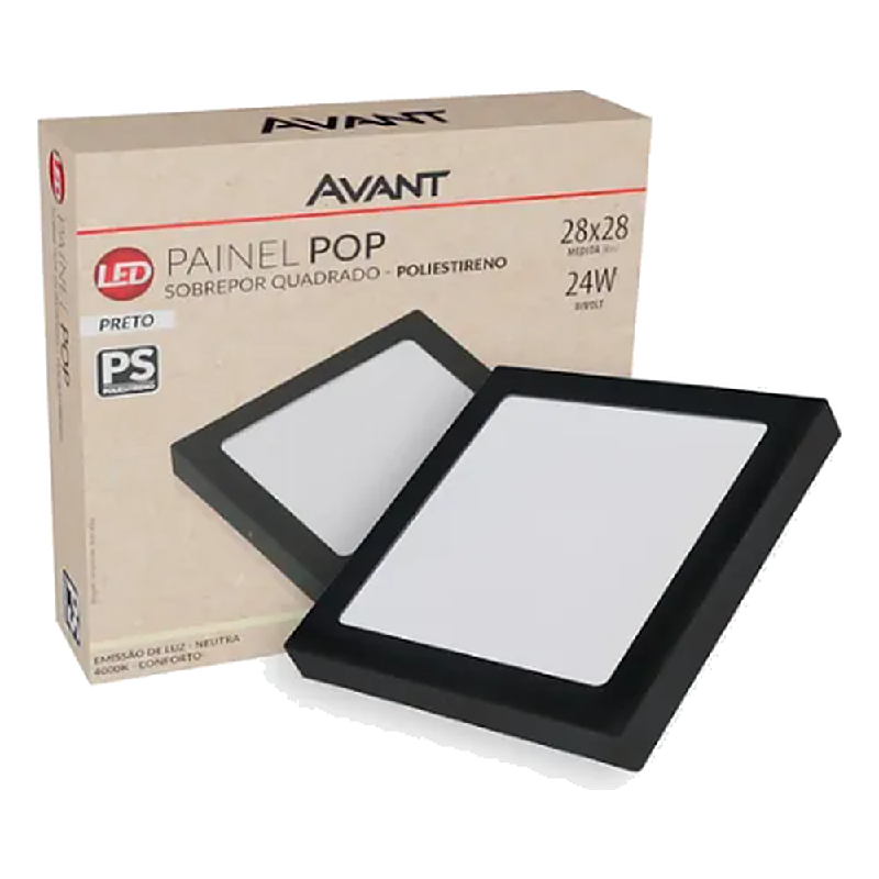 Plafon Preto 24W Sobrepor Quadrado 6500K 30X30 Avant